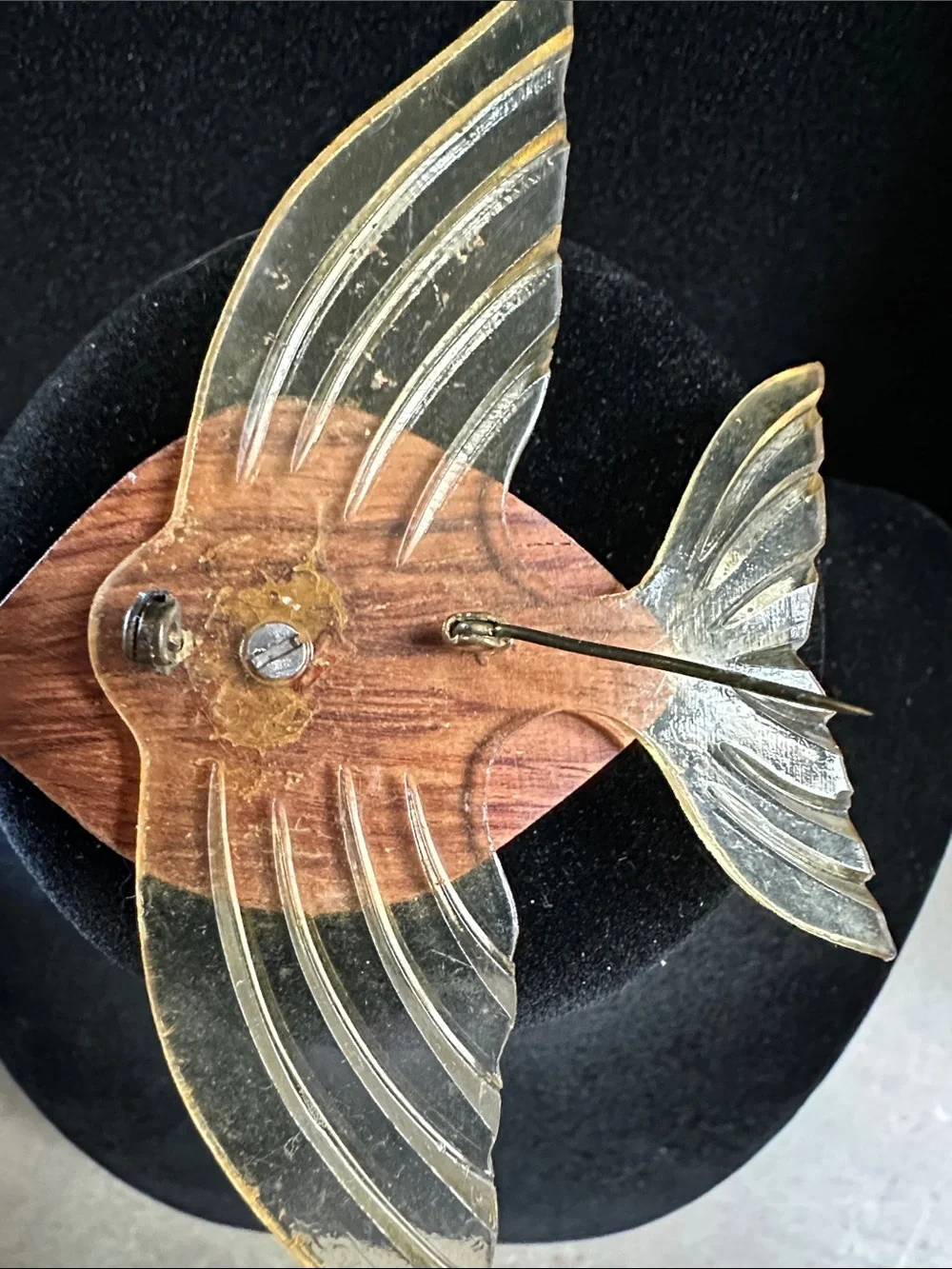 Vintage 1940s Carved Wood & Lucite Jelly Belly Flying Fish Brooch Pin WWII Era